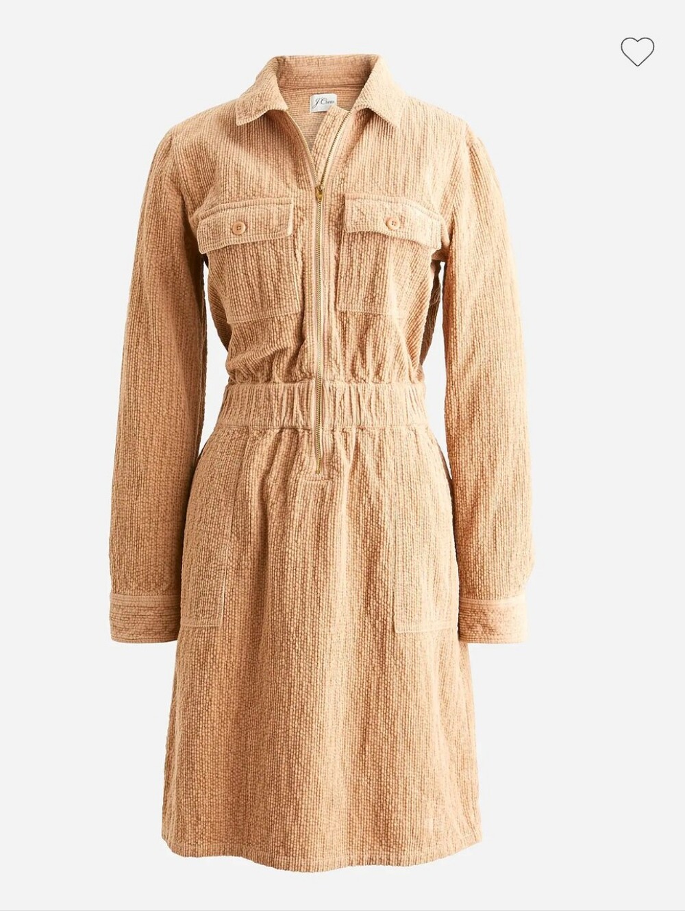 J. Crew Tan Zip Front Cinched Long Sleeve Dress Utility Corduroy Size 4 Neutral